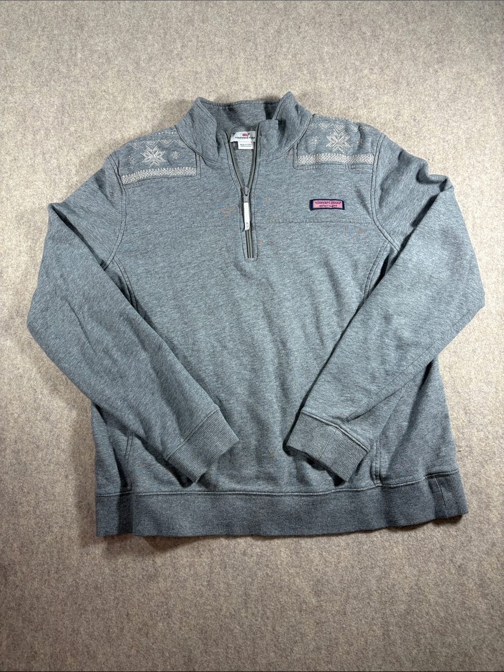 Vineyard Vines Snowflake Embroidered Shep Shirt 1/4 Zip Pullover Grey Large EUC